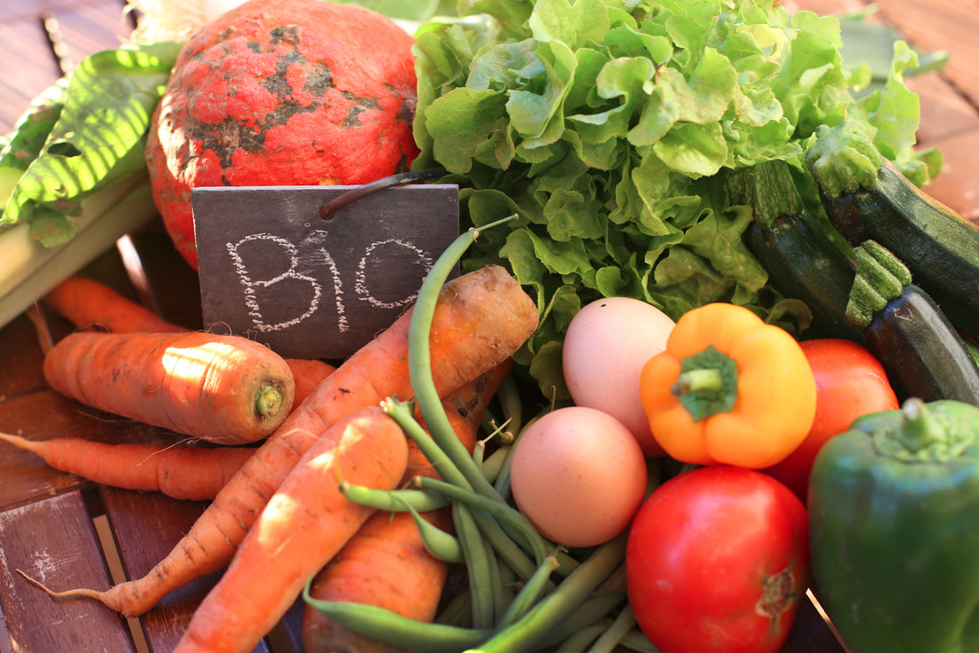 légumes, salade, carottes, concombres, haricots verts et oeufs bio